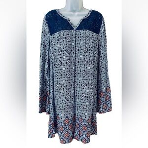 Red Camel Women's M Navy Red Floral Bell Sleeved Dress Boho Festival